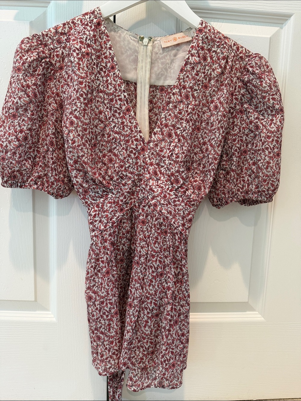 Tory Burch Red and White Floral Puff-Sleeve Tie-Waist Top